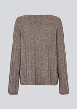 Soft knit in brown with long sleeves and a V-neckline.  Treemd V-neck has a loose fit and a slit at the sleeve. 