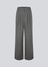 Grey suit pants with pleats and wide legs. Tuesdaymd pants have a medium-highwaist, zipper, side pockets and paspoil pockets in the back. The model is 175 cm and wears a size s/36.