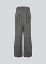 Grey suit pants with pleats and wide legs. Tuesdaymd pants have a medium-highwaist, zipper, side pockets and paspoil pockets in the back. The model is 175 cm and wears a size s/36.