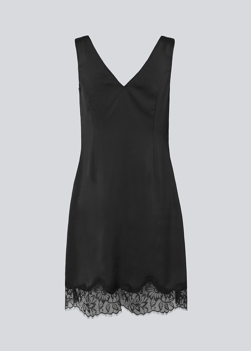 Short black satin dress with lace details. Vuemd dress features wide straps, a crossed detail lace at the bust, lace at the bottom, and a hidden side zip. Elegant and feminine – ideal for both everyday wear and special occasions.