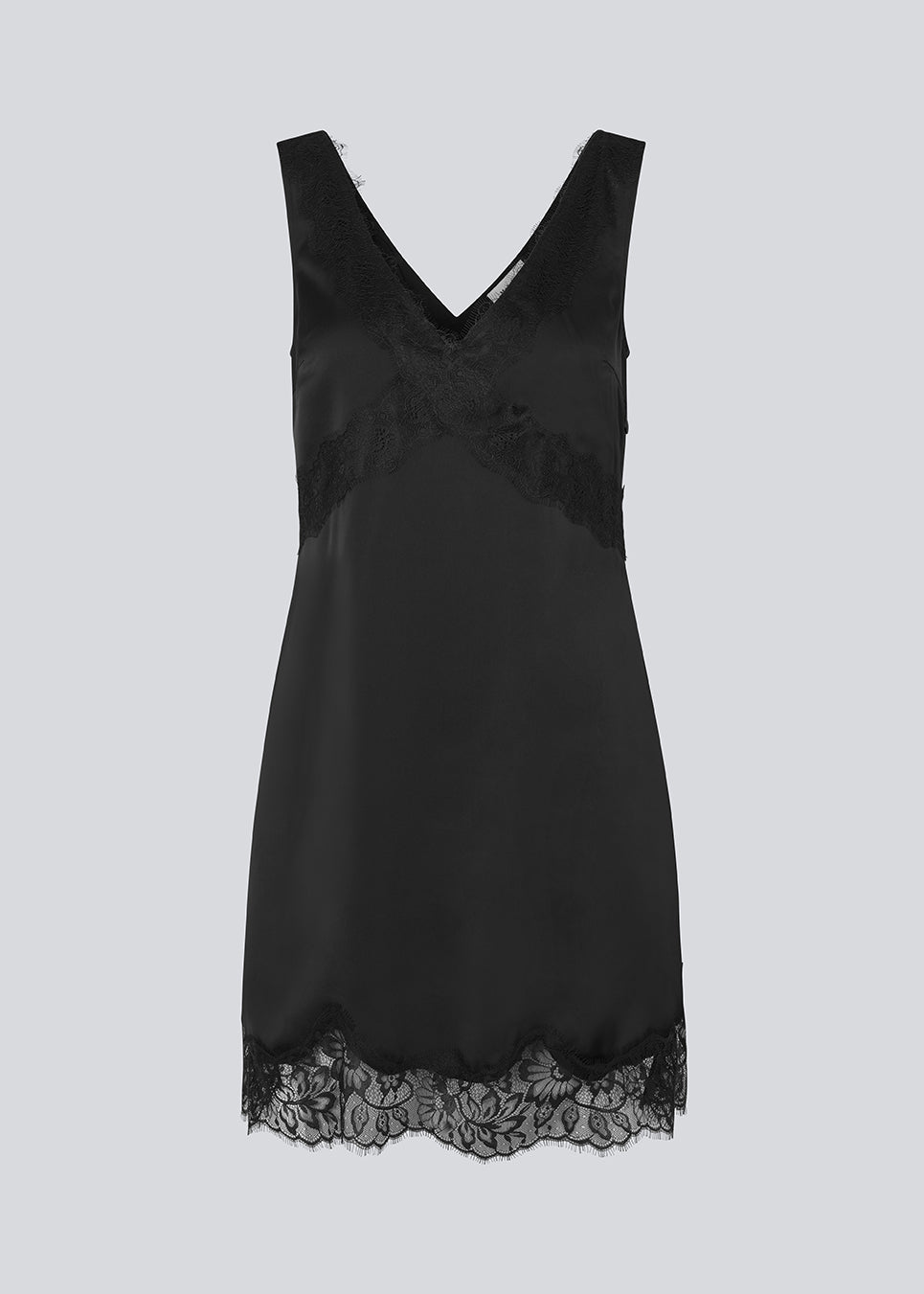 Short black satin dress with lace details. Vuemd dress features wide straps, a crossed detail lace at the bust, lace at the bottom, and a hidden side zip. Elegant and feminine – ideal for both everyday wear and special occasions.
