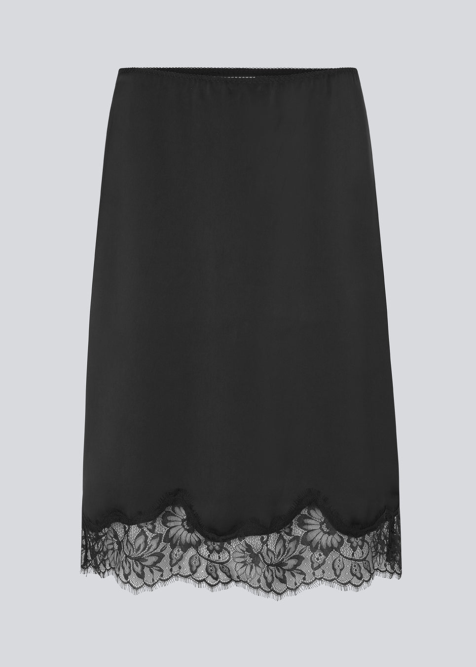 Elegant satin skirt in black with lace details on the bottom. Vuemd skirt is a knee-length satin style with an elastic waist and a relaxed fit. Perfect worn alone or layered for versatile styling.