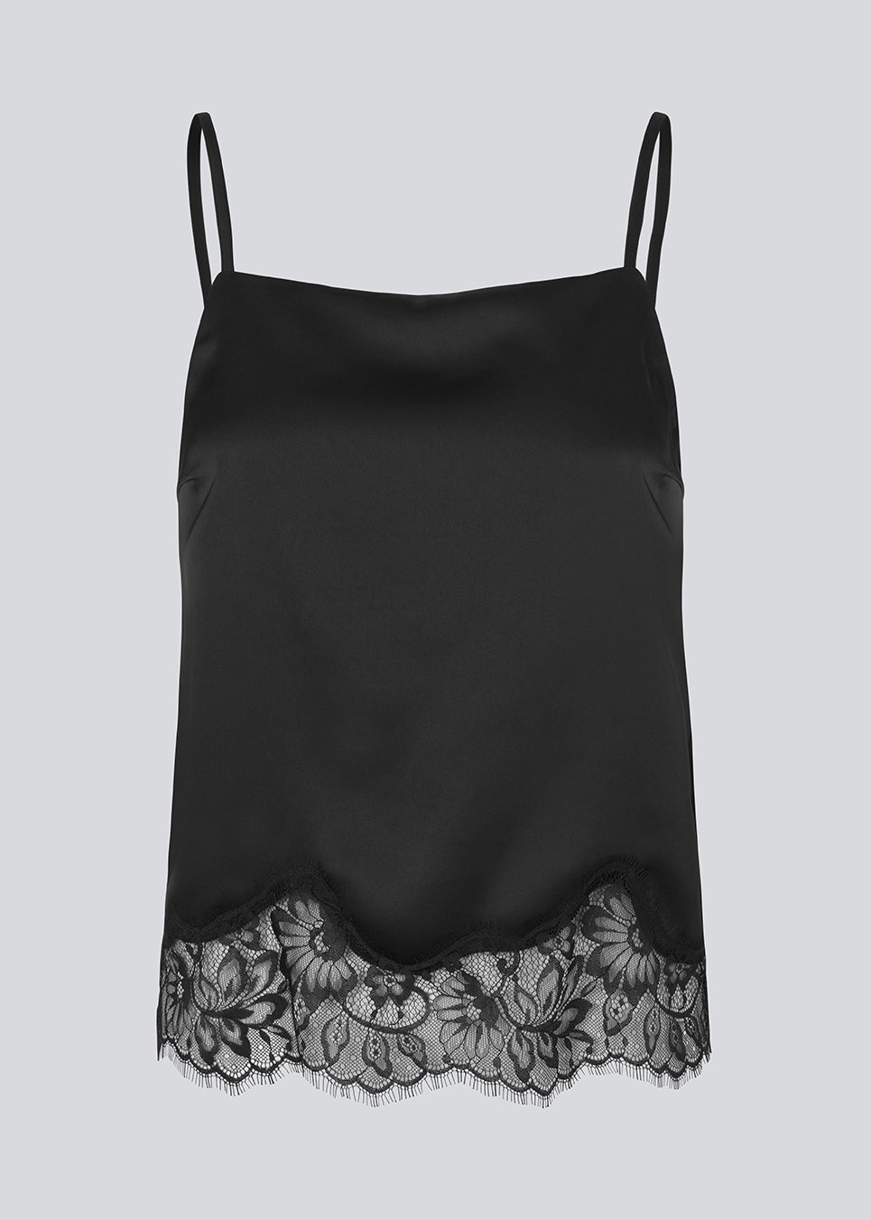 Delicate satin top in black with lace details on the bottom. Vuemd top has adjustable straps and refined lace details at the hem. Perfect worn alone or styled as part of a layered look.