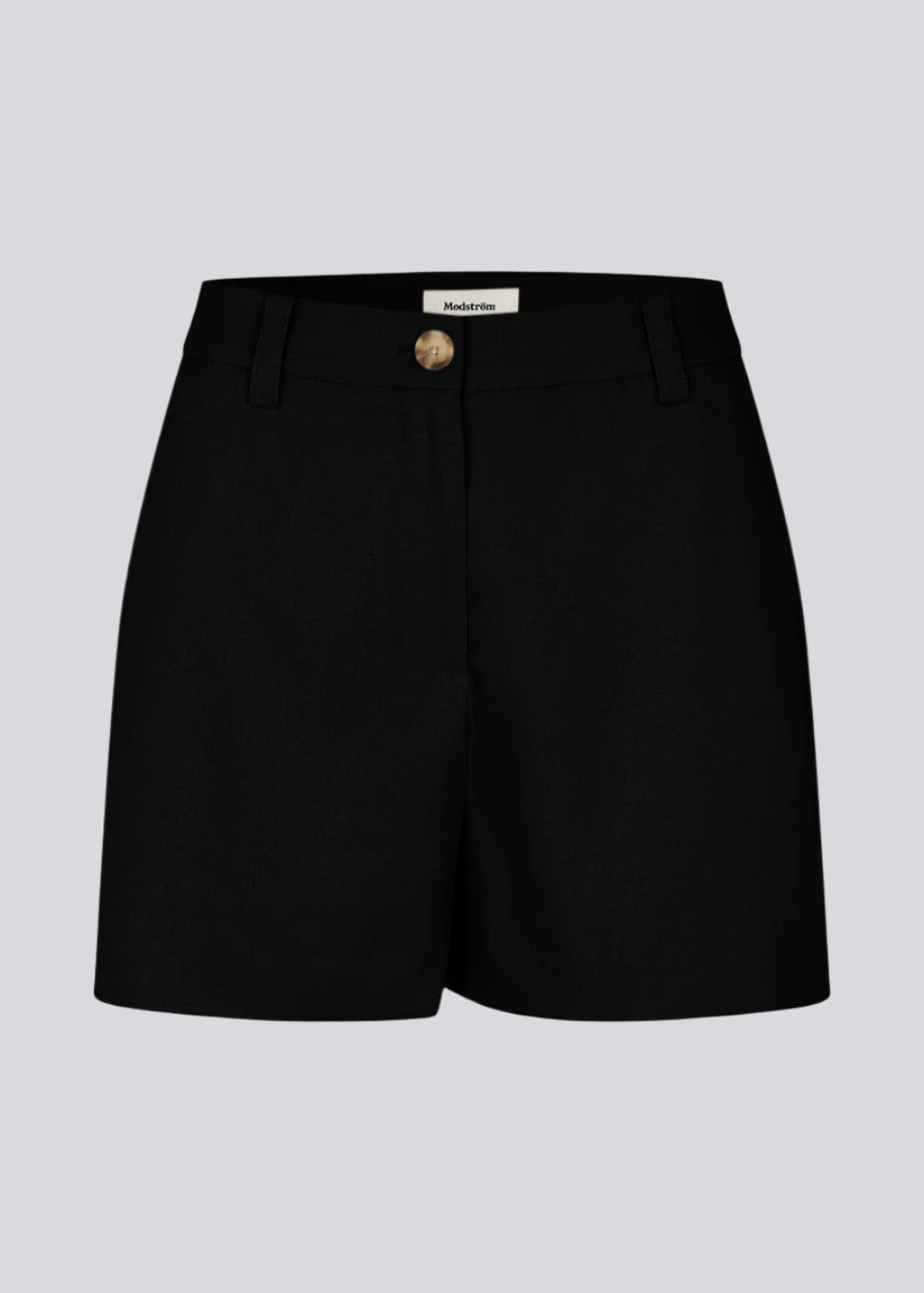 Black high-waisted shorts with side pockets. NormaMD shorts have a zip fly and button, belt loops, and decorative paspoil pockets on the back.