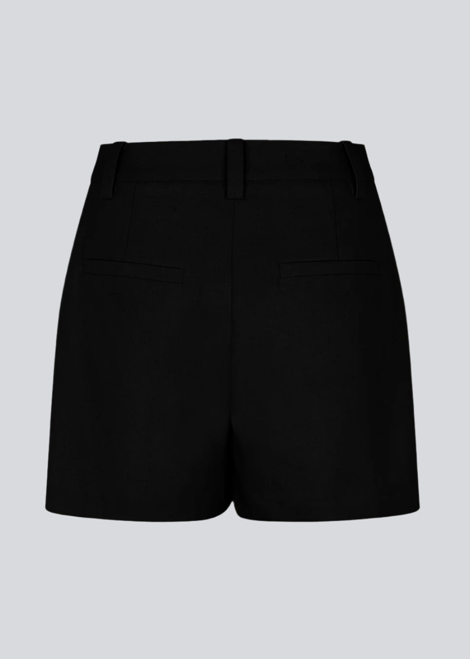 Black high-waisted shorts with side pockets. NormaMD shorts have a zip fly and button, belt loops, and decorative paspoil pockets on the back.