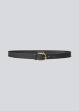 Classic black leather belt with a metal buckle and belt loops. 