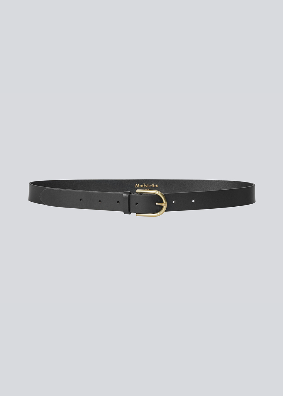 Classic black leather belt with a metal buckle and belt loops. 