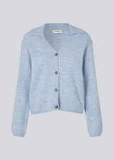 Blue soft knitted cardigan with a V-neck. Patrickmd cardigan has a loose fit and a collar.
