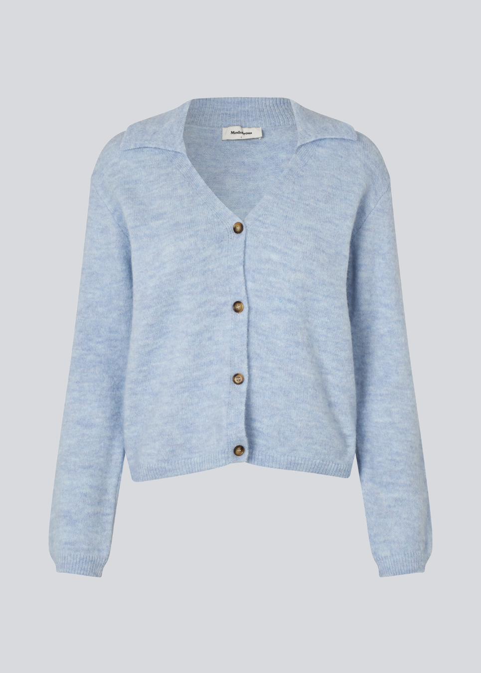 Blue soft knitted cardigan with a V-neck. Patrickmd cardigan has a loose fit and a collar.