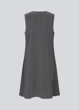 Short pinstriped dress without sleeves and with a deep v-neckline in front. AbrahamMD dress has an A-lined silhouette with skirt that cuts at the knees.