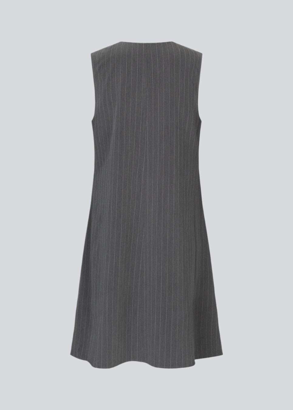 Short pinstriped dress without sleeves and with a deep v-neckline in front. AbrahamMD dress has an A-lined silhouette with skirt that cuts at the knees.