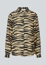 Shirt made from recycled materials. BeckyMD print shirt offers a relaxed fit with wide sleeves with cuff, shirt collar, and button closure in fro