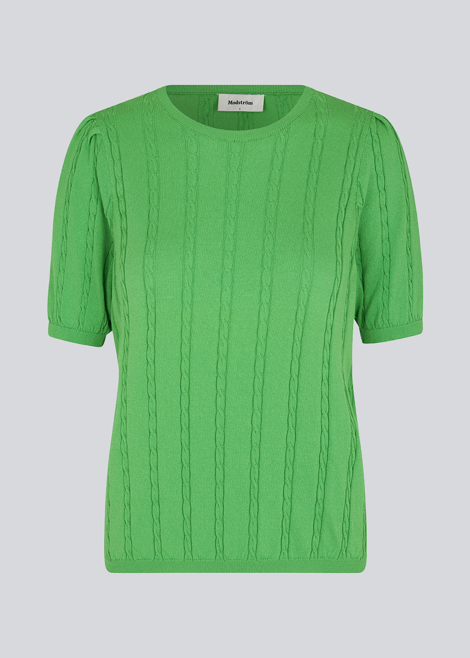 Short sleeved jumper in green in cable knit with a round neck and puff sleeves. CarltonMD o-neck has a slim and stretchy shape.