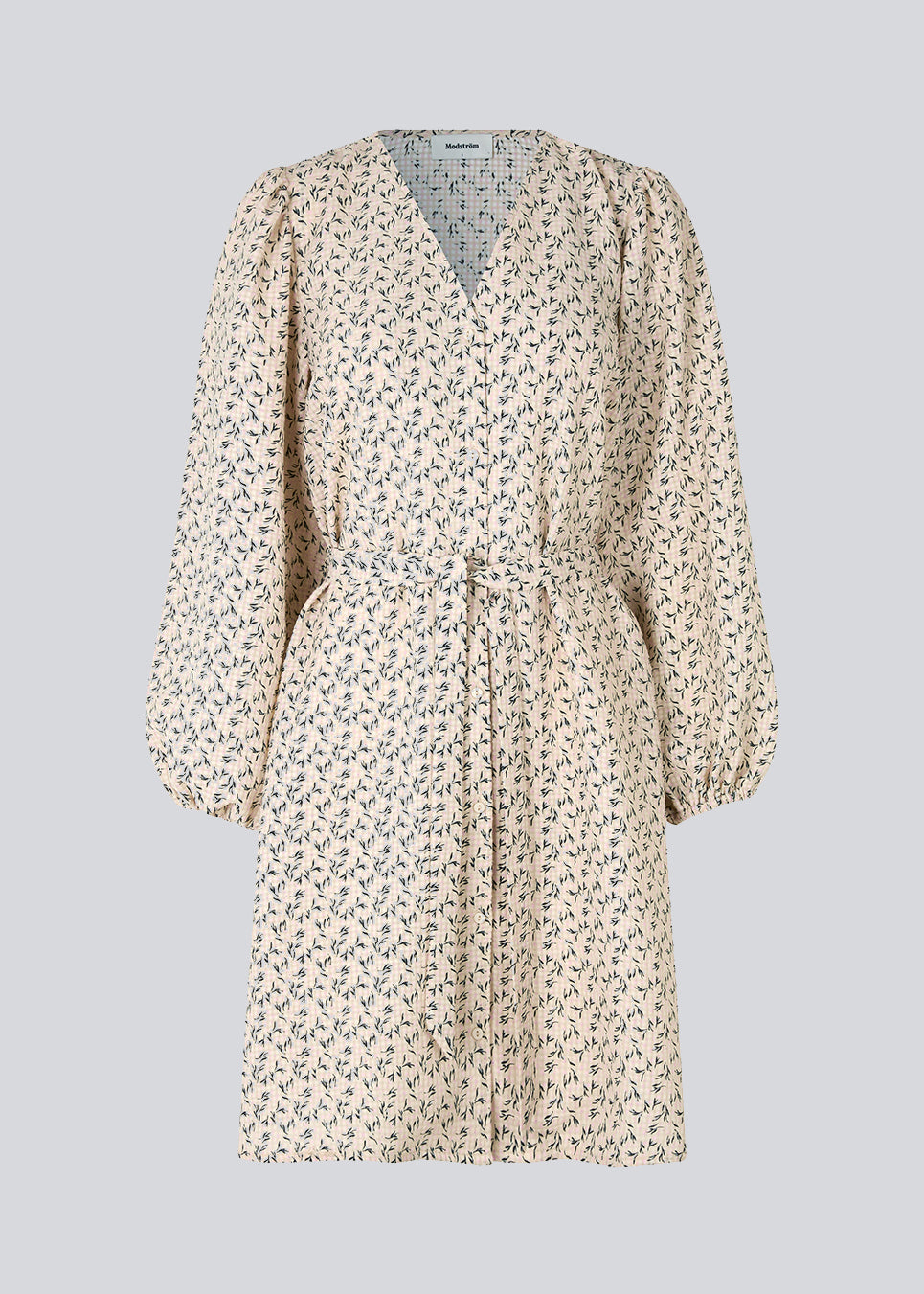 Short dress with print and long puff sleeves. ChrissyMD print dress is made with a v-neckline, closed by buttons in front, and tiebelt at the waist.