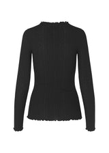 Tight-fitted, long sleeved t-shirt with ruffled trimmings on sleeves, at the neck and bottom. Oasis t-neck in Black fits perfectly as a basic style in the wardrobe.