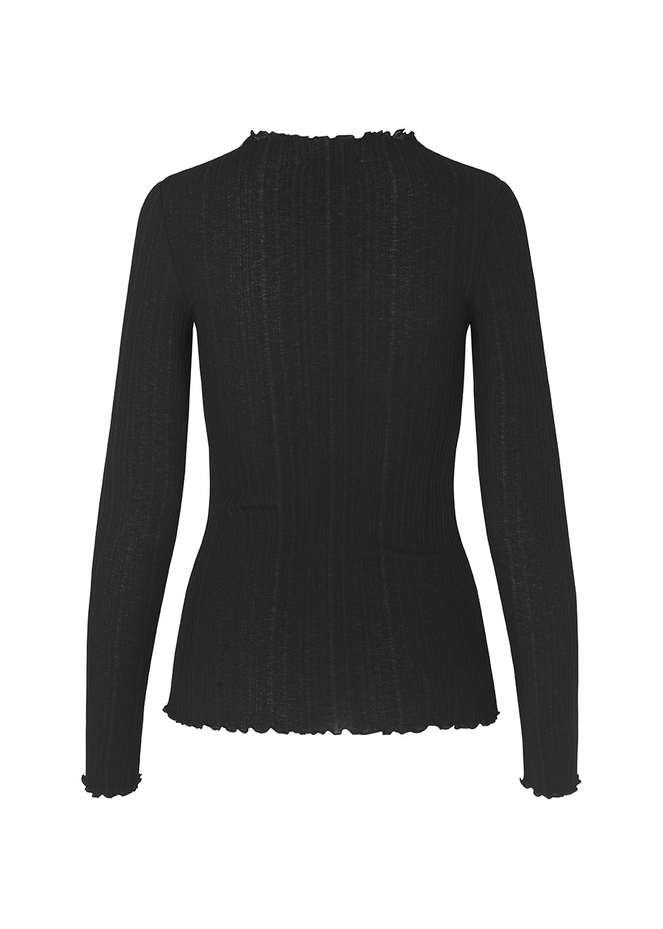 Tight-fitted, long sleeved t-shirt with ruffled trimmings on sleeves, at the neck and bottom. Oasis t-neck in Black fits perfectly as a basic style in the wardrobe.