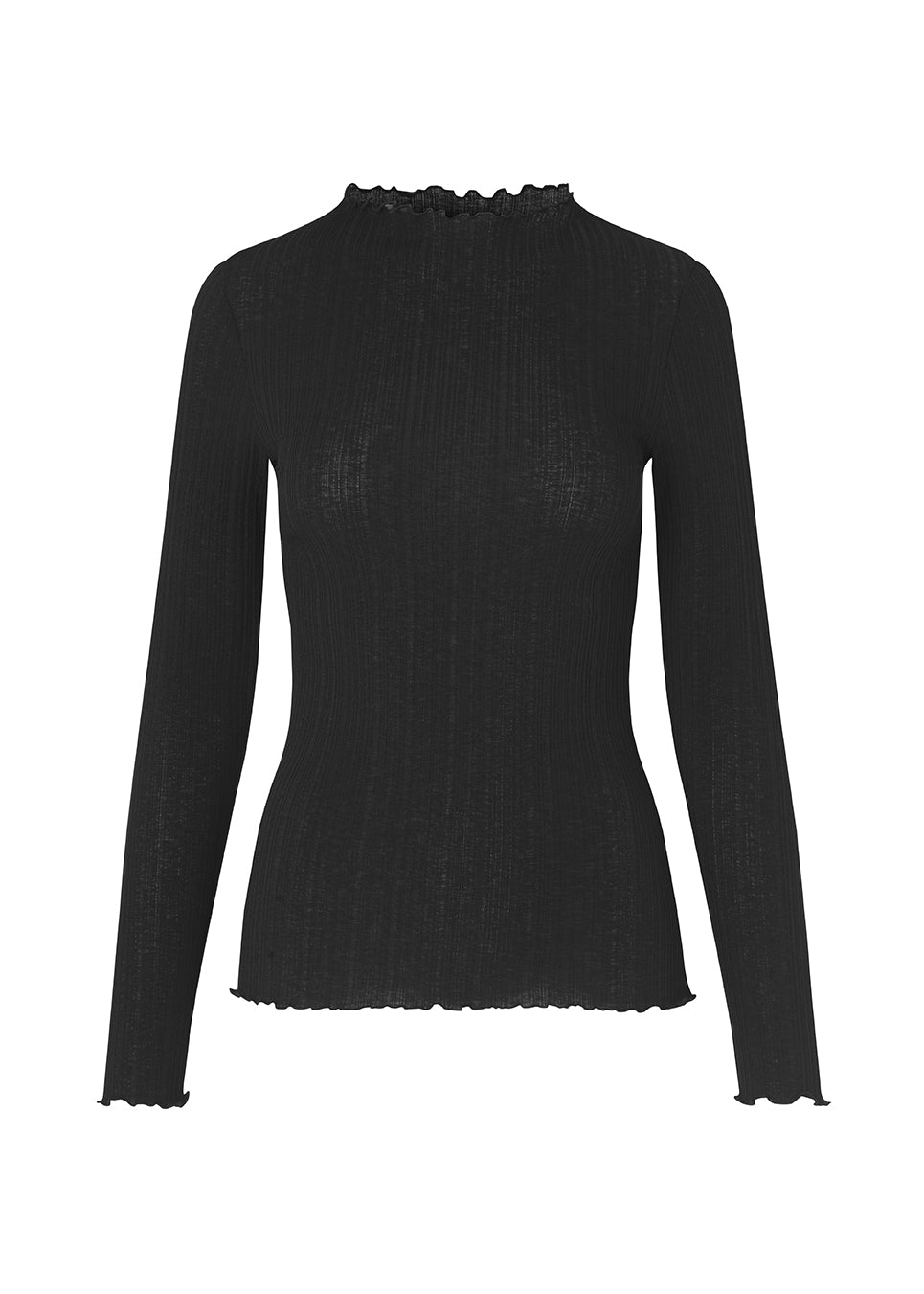 Tight-fitted, long sleeved t-shirt with ruffled trimmings on sleeves, at the neck and bottom. Oasis t-neck in Black fits perfectly as a basic style in the wardrobe.