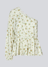 Top in floral print with peplum detail with elastic at waist. ThymeMD print top has a one shoulder detail with one long balloon sleeves. The body is lined.  Material: 2% Elastane 98% Polyester