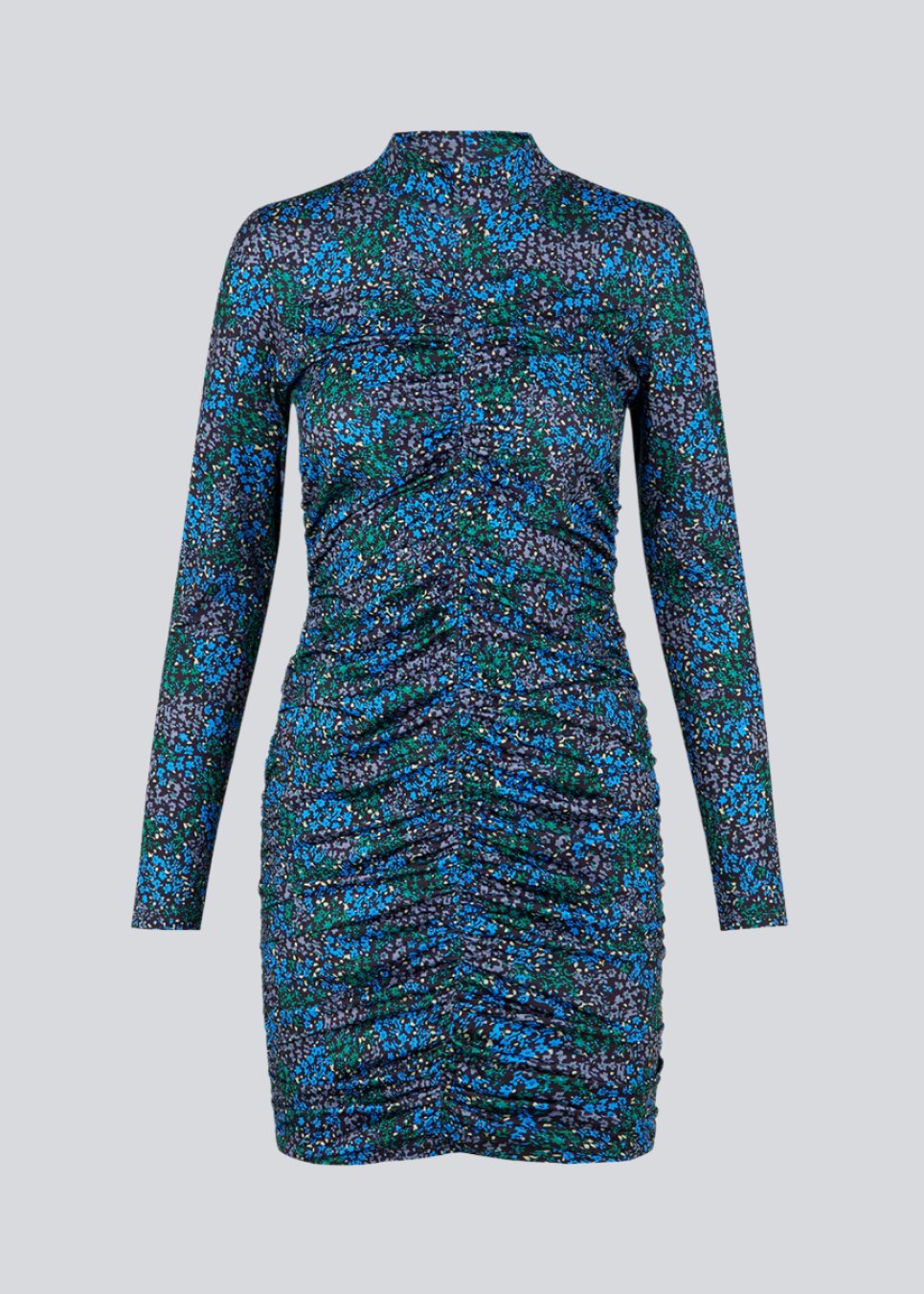 Short dress in the color Malibu Poerty Flower, with long sleeves and low collar. TilloMD print dress is designed with a slim shape with a wrinkled, elastic detail down the center front and center back.