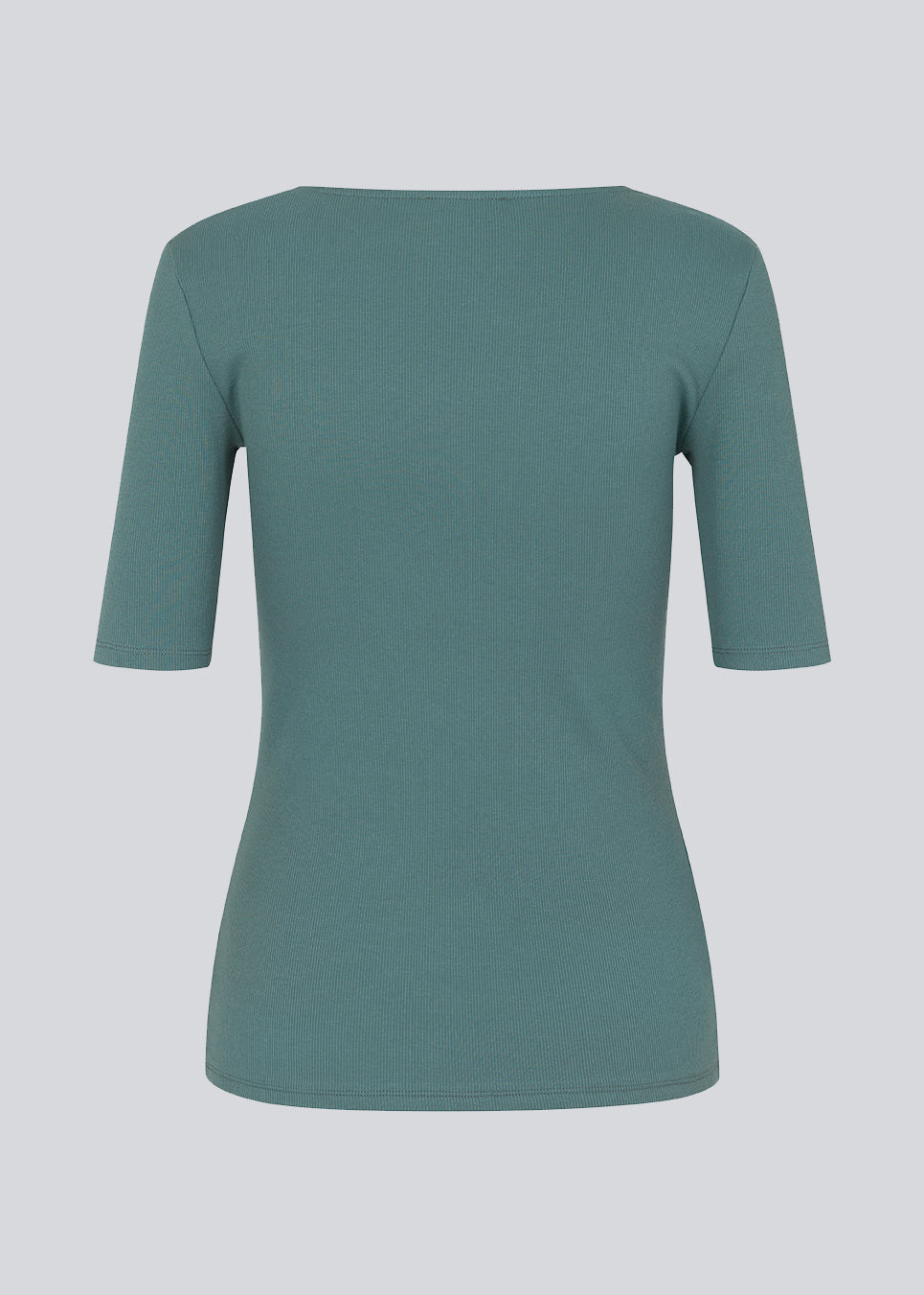 Tight fit top in blue in a ribbed cotton jersey with a deep neckline in front and short sleeves cutting just above the elbow.