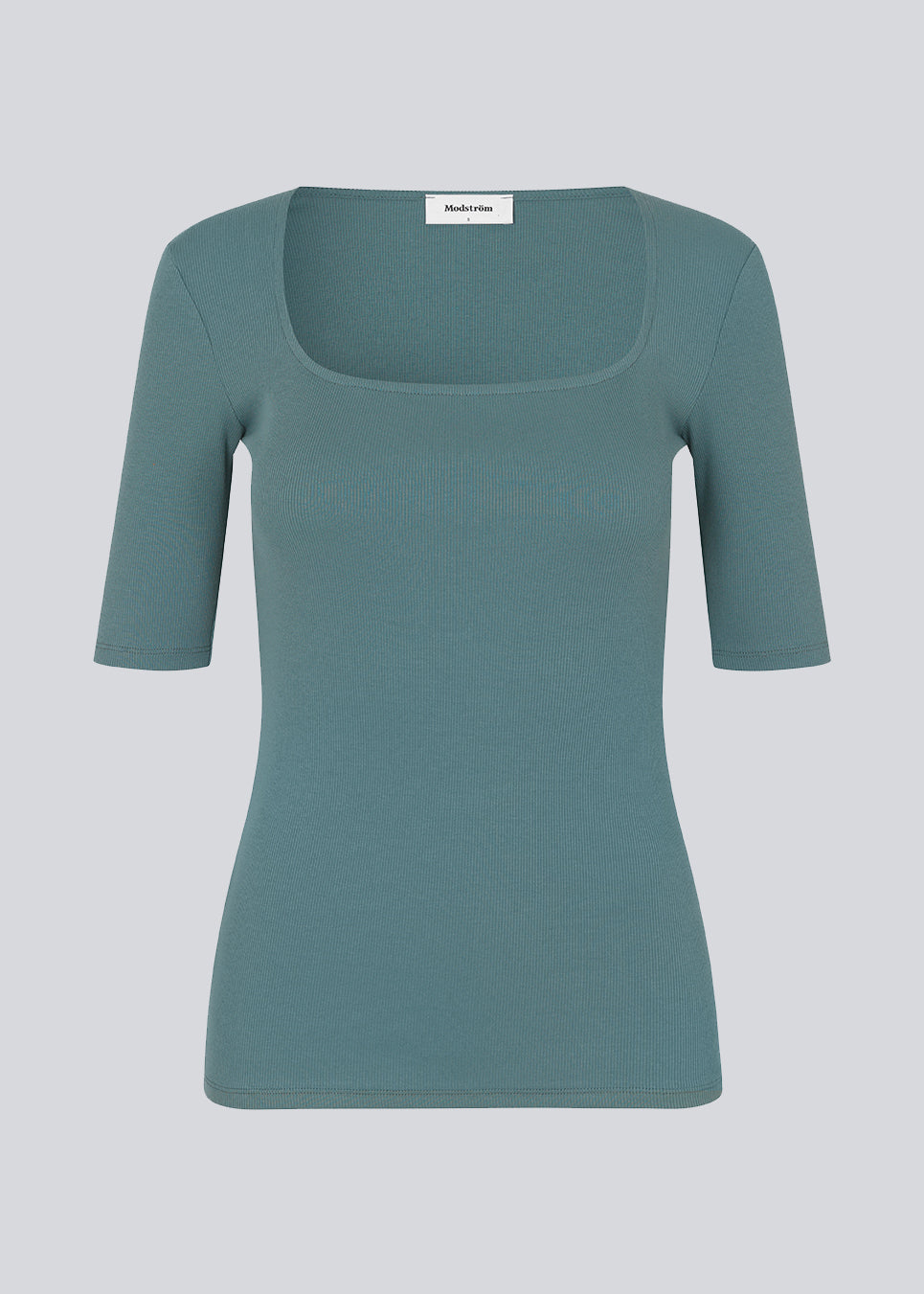 Tight fit top in blue in a ribbed cotton jersey with a deep neckline in front and short sleeves cutting just above the elbow.