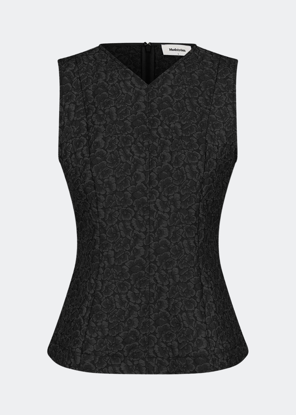 Tailored top without sleeves made from a structured material. HollisMD top has a high v-shaped neckline with a hidden zipper at the neck.&nbsp;