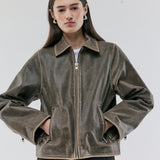 Brown Leather jacket with a loose fit in 100% lamb leather. NimaMD jacket has a zipper closure, shirt collar and two front pockets.