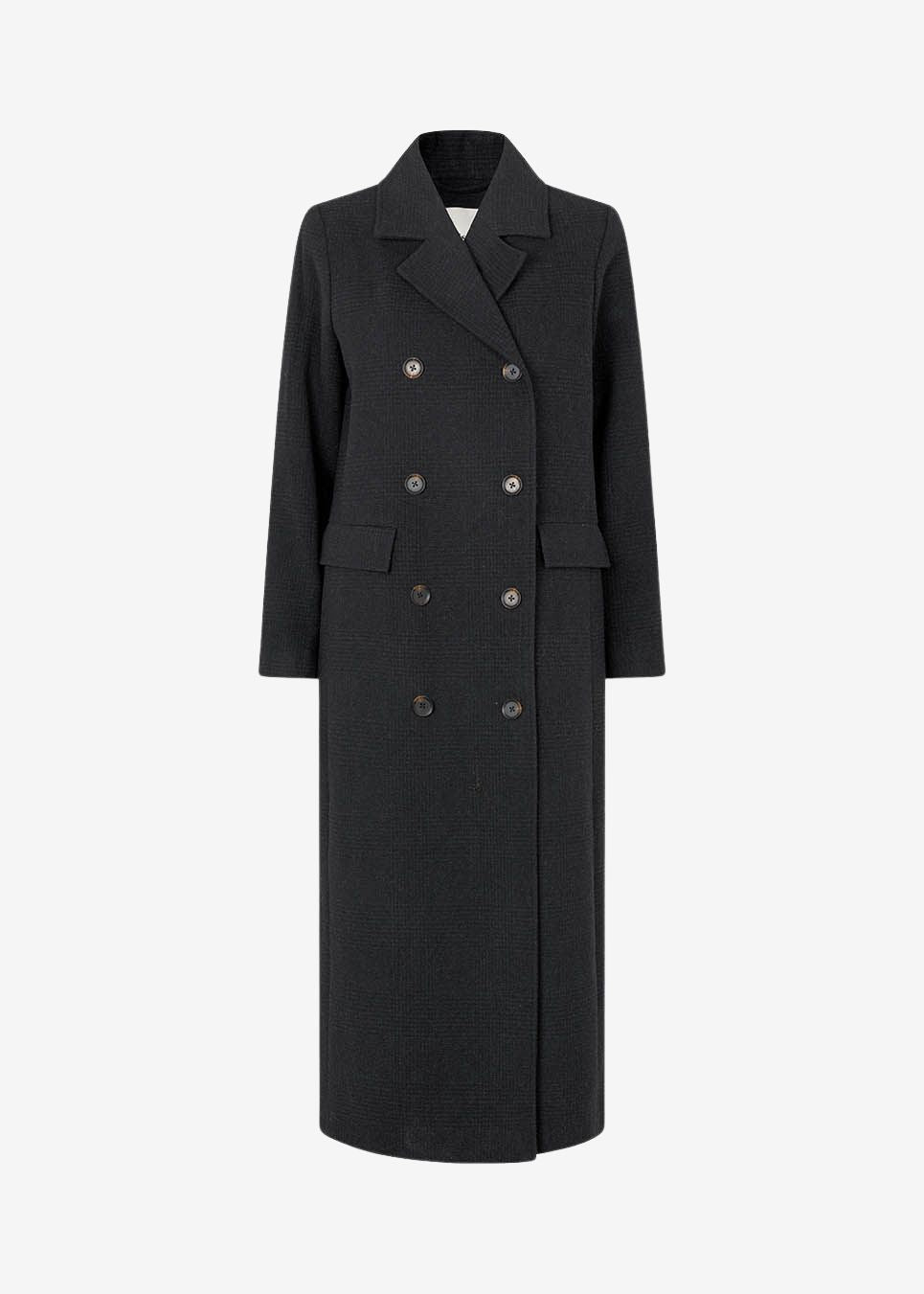 Long black double-breasted coat in a wool blend. It has notch lapels, front flap pockets, lining and a single back vent. Wear it over tailoring or with straight denim. The model is 175 cm and wears a size S/36.