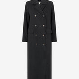 Long black double-breasted coat in a wool blend. It has notch lapels, front flap pockets, lining and a single back vent. Wear it over tailoring or with straight denim. The model is 175 cm and wears a size S/36.