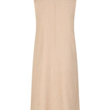 Sleeveless, short dress in beige in a structured check. RimmeMD dress has a voluminous silhouette and a deep v-shaped neckline in front. The model is 173 cm and wears a size S/36.