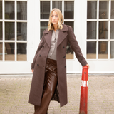 Brown classic, double-breasted wool coat with collar and notch lapels. ShayMD coat, in the color Dark Coffee, has a wide tiebelt at waist, shoulder straps, wide cuffs and open yoke. With lining and single back vent.&nbsp;