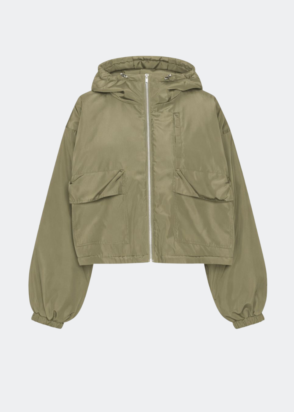 ConnieMD Jacket is a short jacket with a loose fit and hood. The jacket features a zip fastening at the front, large flap pockets and long, voluminous sleeves with elasticated cuffs. The model is 175 cm tall and is wearing a size S/36.