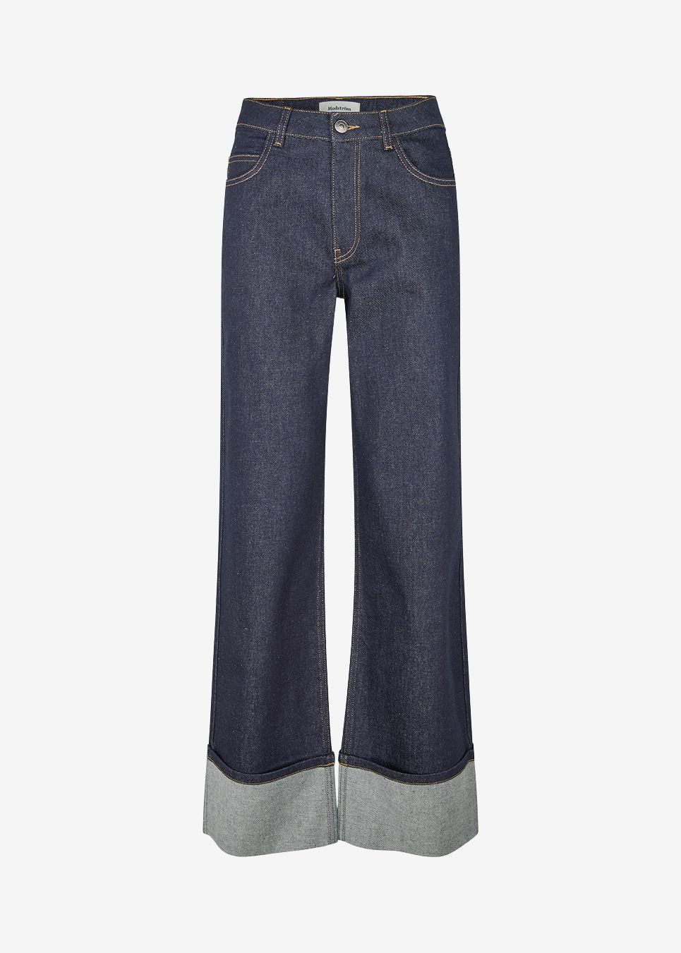 Indigo blue wide-leg jeans with a regular waist, five-pocket construction and oversized turn-up cuffs. Wear them with a fitted top or cropped shirt. The model is 175 cm tall and is wearing a size S/36.