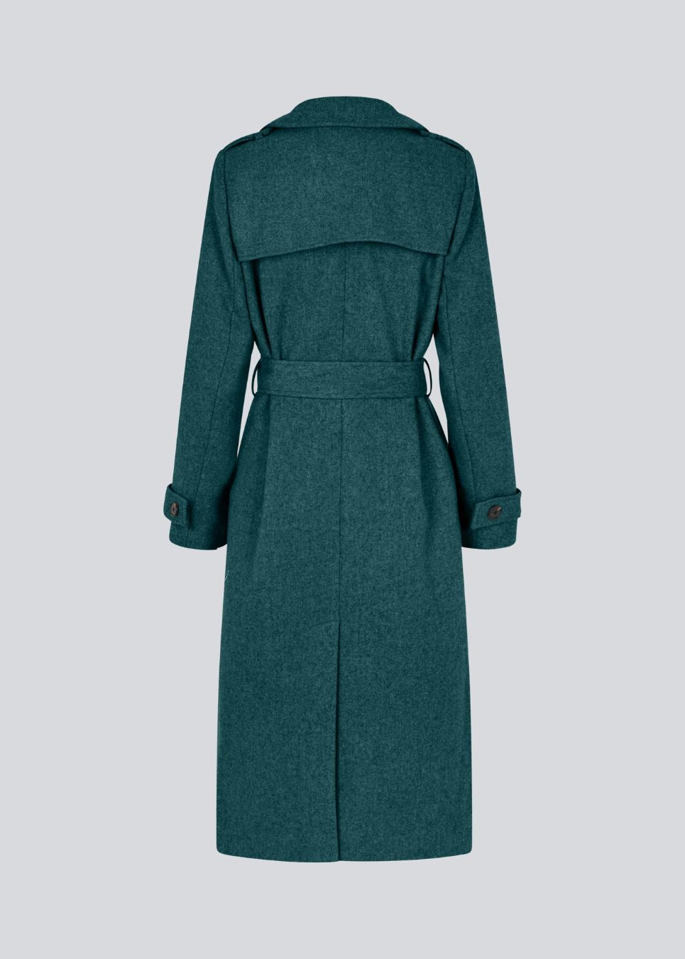 Classic, double-breasted wool coat with collar and notch lapels. ShayMD coat has a wide tiebelt at waist, shoulder straps, wide cuffs and open yoke. With lining and single back vent.