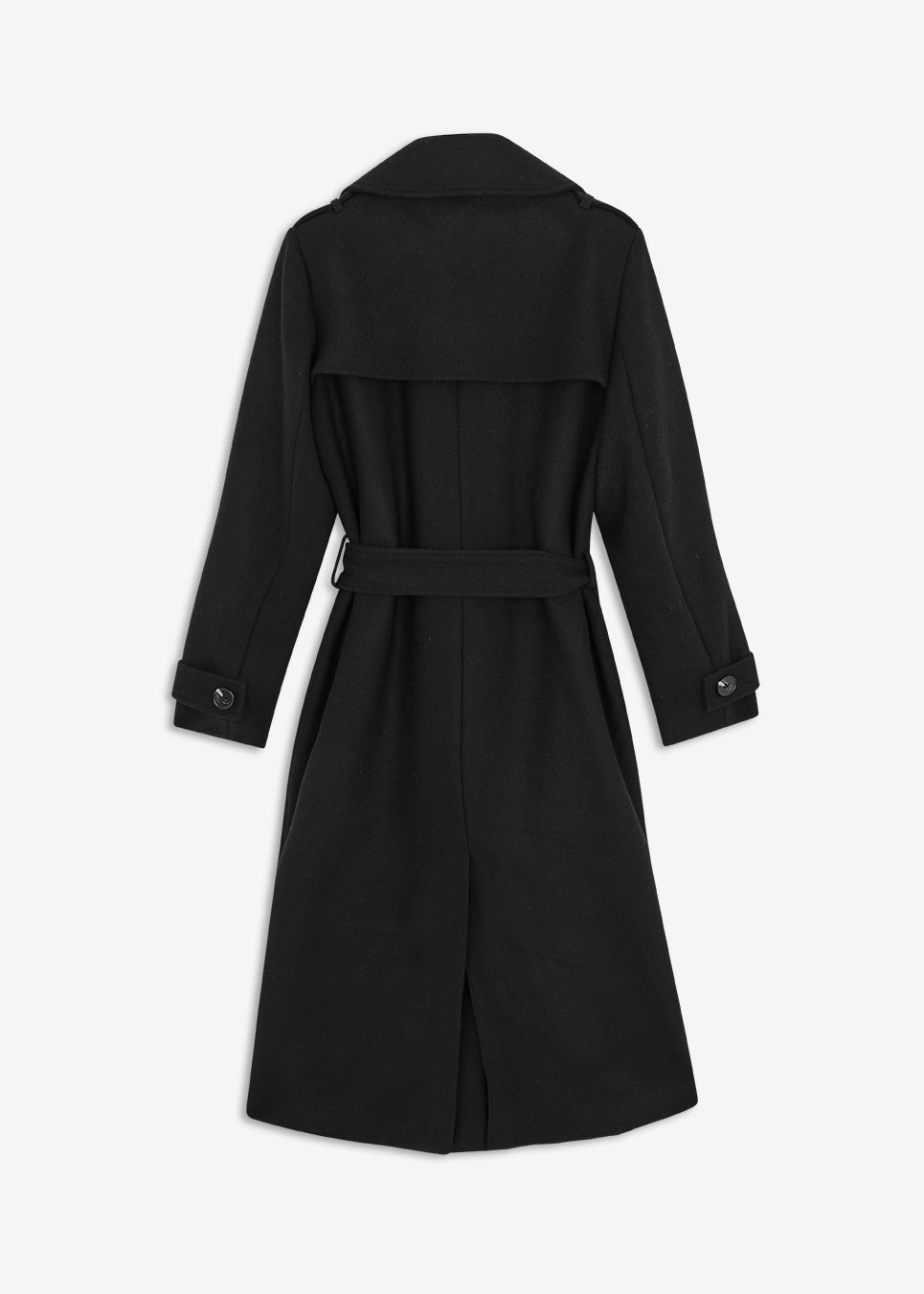 Black long double-breasted coat in a wool blend. It has notch lapels, shoulder tabs, wide cuff straps and a storm flap. A tie belt defines the waist, and a single vent opens at the back. Wear it belted over tailoring or open over a soft knit. The model is 175 cm and wears a size S/36.