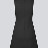 Fitted black mini dress in an A-line shape with a round neck and no sleeves. JosefineMD tank flare dress is made from a stretchy material. The model is 177 cm and wears a size S/36.
