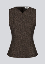 Brown tailored top without sleeves made from a structured material. HollisMD top has a high v-shaped neckline with a hidden zipper at the neck.&nbsp;