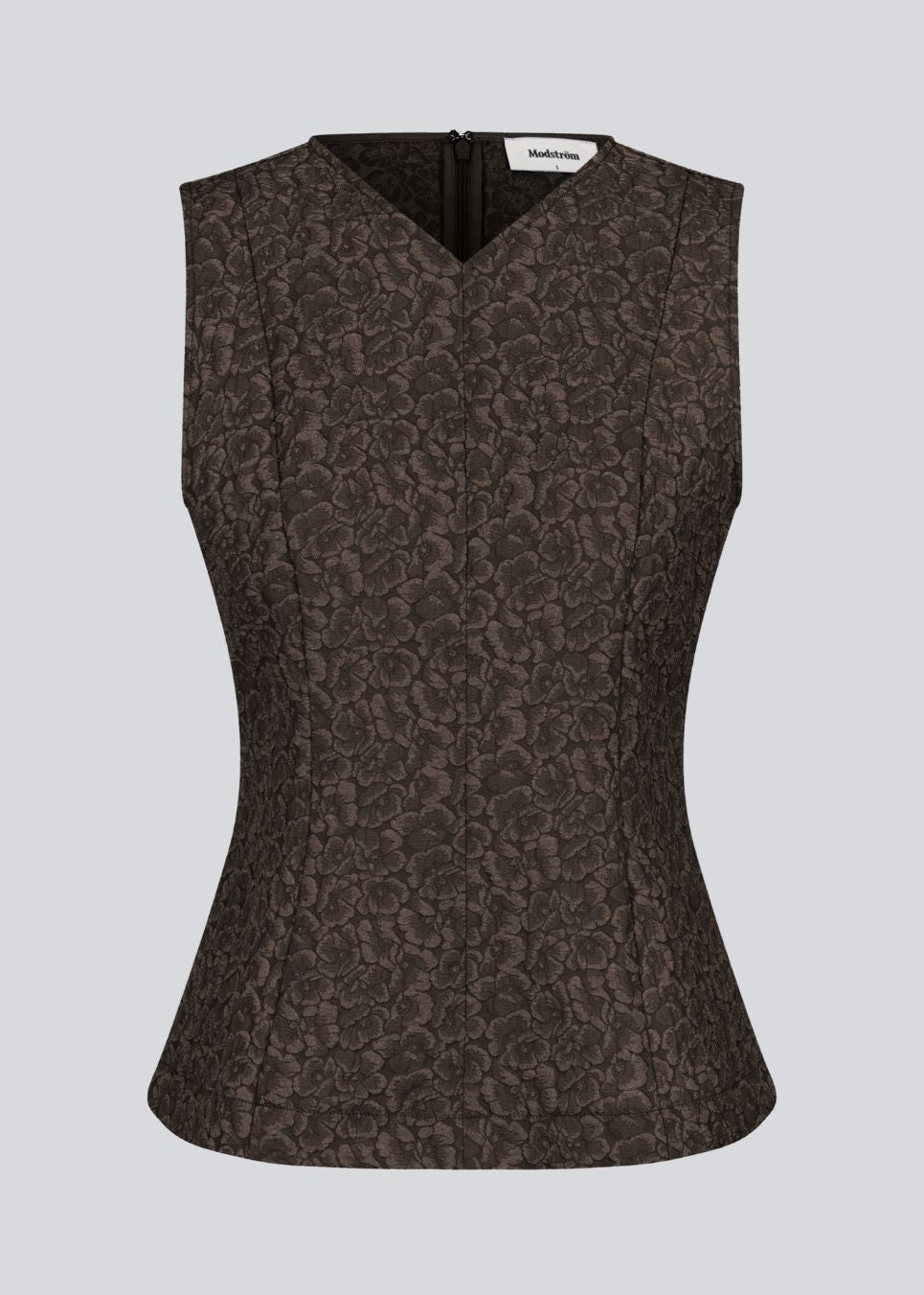 Brown tailored top without sleeves made from a structured material. HollisMD top has a high v-shaped neckline with a hidden zipper at the neck.&nbsp;