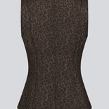 Brown tailored top without sleeves made from a structured material. HollisMD top has a high v-shaped neckline with a hidden zipper at the neck.&nbsp;