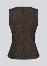 Brown tailored top without sleeves made from a structured material. HollisMD top has a high v-shaped neckline with a hidden zipper at the neck.&nbsp;