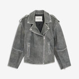 Grey leather jacket in soft lamb leather with bias zipper in front, lapels with push buttons, and long sleeves with zipper. The jacket is oversized. HullaMD jacket has bias front pockets with zip closure in front. Lined. The model is 175 cm and wears a size S/36.