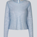 Top with relaxed fit and slightly shorter body covered in sequins. GerardMD top has long sleeves, a round neckline and split back with button closure. The model is 175 cm and wears a size S/36.