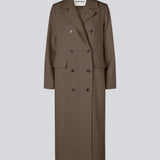 Classic, double-breasted wool coat with collar and notch lapels. JuniperMD coat has a relaxed fit, lining and a slit in the back.