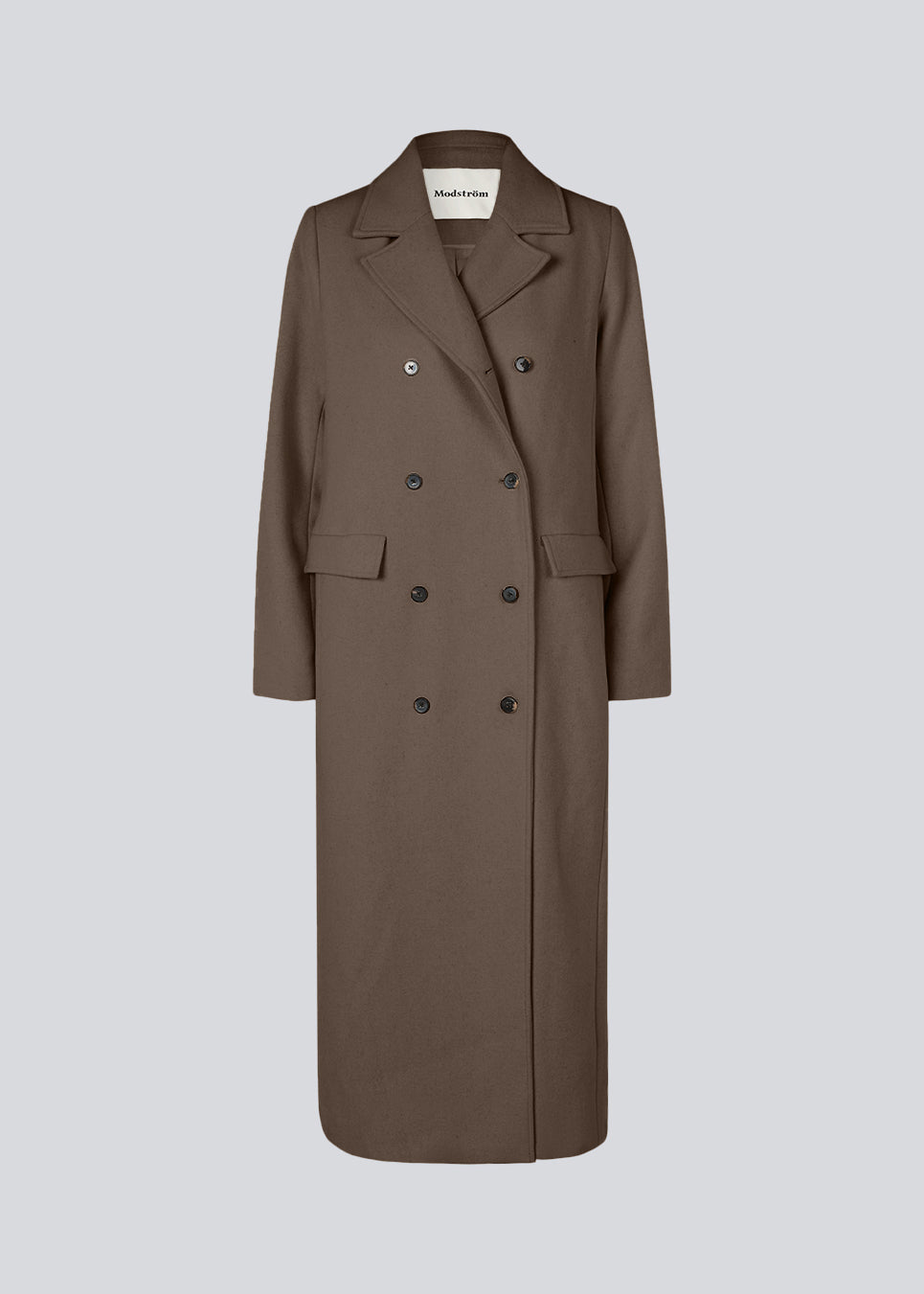 Classic, double-breasted wool coat with collar and notch lapels. JuniperMD coat has a relaxed fit, lining and a slit in the back.