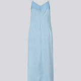Maxi dress in baby blue with thin straps and an elastic gathering at the chest. TrentonMD print dress has a slit in the front and an invisible zipper at the back.<br>