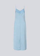 Maxi dress in baby blue with thin straps and an elastic gathering at the chest. TrentonMD print dress has a slit in the front and an invisible zipper at the back.<br>