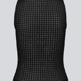 Black tank top in a slightly transparent quality and with a tight fit. GeniferMD tank top is sleeveless and has lettuce hems.