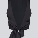 Sleeveless top in satin in dark navy blue. TailorMD top has an open back with a tieband.