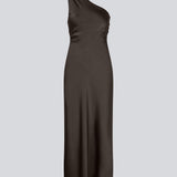 Dark brown maxi one-shoulder dress in satin. NarcissaMD dress has an open back with beautiful details and an invisible zipper on the side.