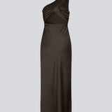 Dark brown maxi one-shoulder dress in satin. NarcissaMD dress has an open back with beautiful details and an invisible zipper on the side.